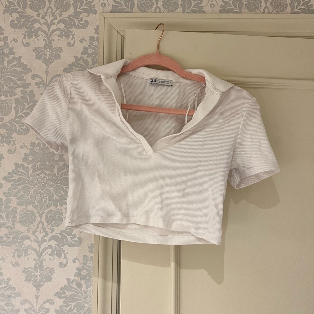 White Zara Ribbed Cropped Collar Shirt